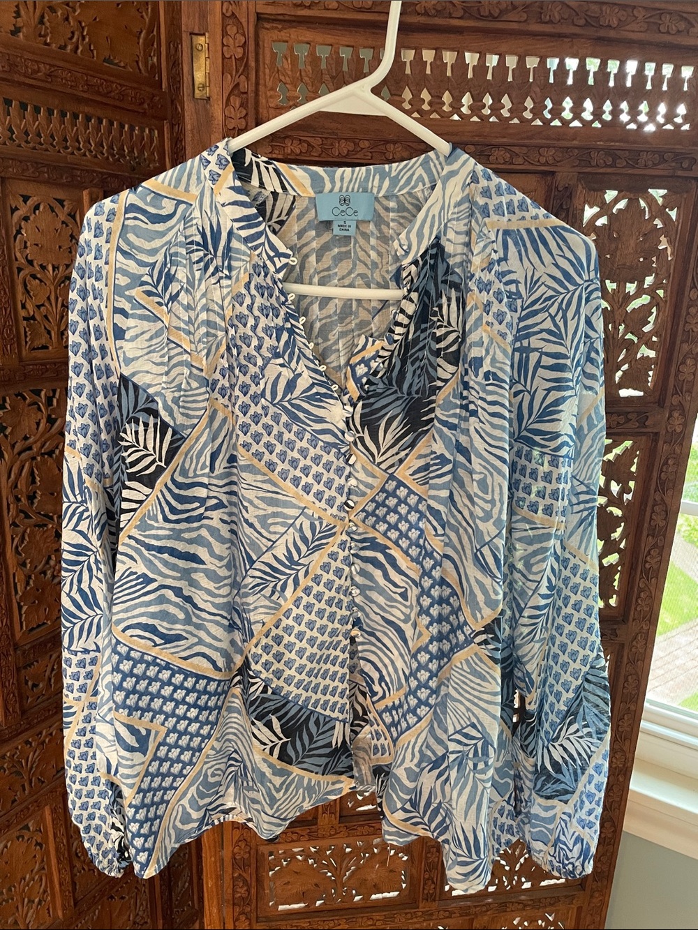 CeCe Blue, White & Tan Patchwork Print Button Blouse